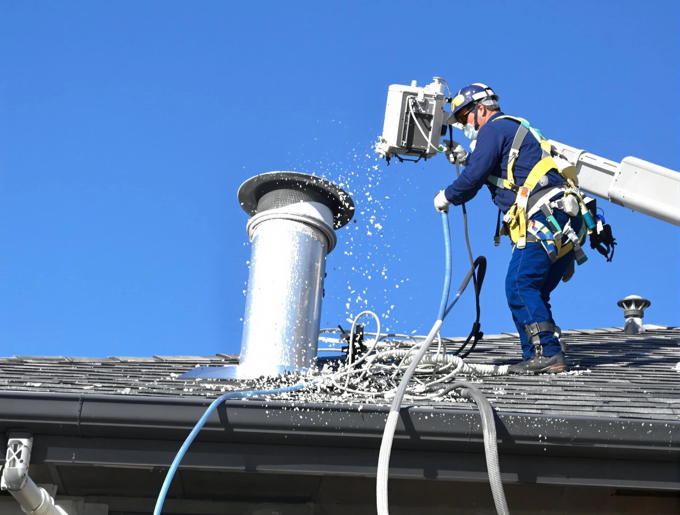 The Pinery Dryer Vent Cleaning certified technician safely cleaning a roof-mounted dryer vent in The Pinery