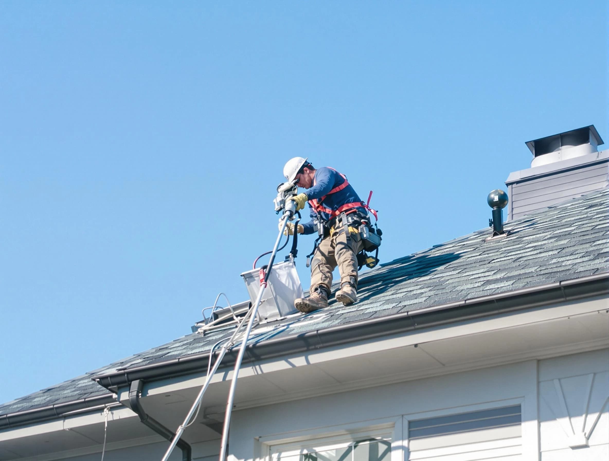 The Pinery Dryer Vent Cleaning certified technician cleaning a roof-mounted dryer vent system in The Pinery
