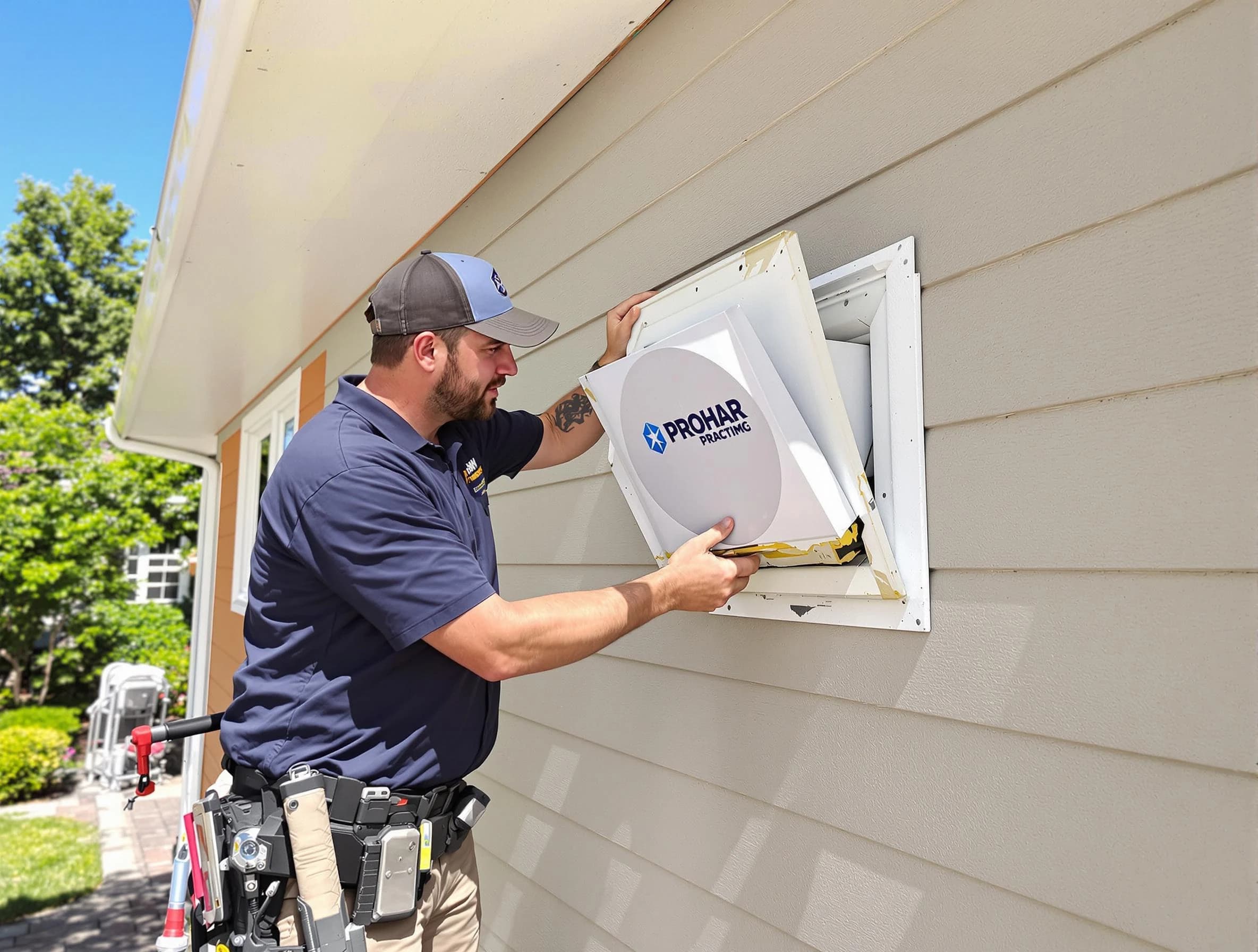 The Pinery Dryer Vent Cleaning technician installing a new protective dryer vent cover on a home in The Pinery